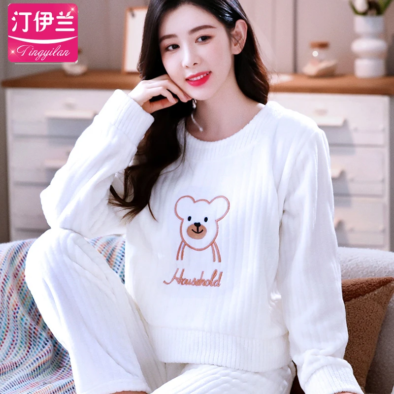 妈妈居家睡衣女冬季珊瑚绒套头冬款外出加厚爆款家居服套装加绒