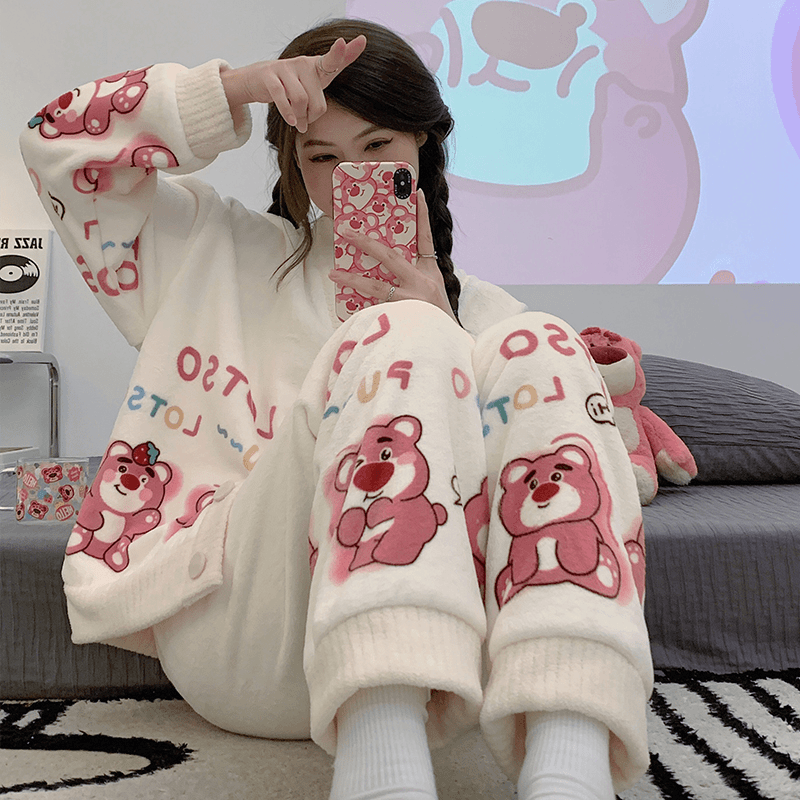 睡衣女秋冬珊瑚绒加厚加绒长袖卡通可爱保暖法兰绒春秋家居服套装