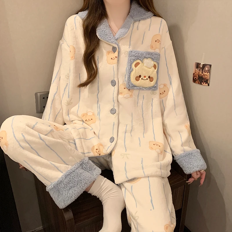 珊瑚绒睡衣女秋冬加厚加绒卡通小熊法兰绒冬季保暖家居服女生套装