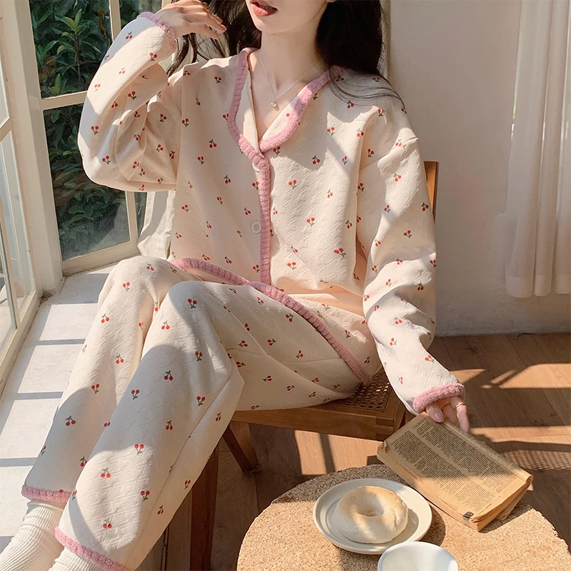 夹层睡衣女春秋季长袖长裤冬天开衫宽松女士2023年新款家居服套装
