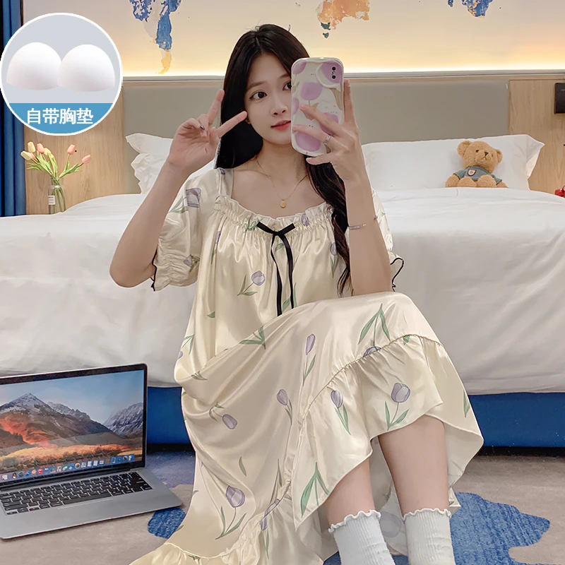 冰丝睡裙女夏季带胸垫睡衣女士短袖薄款宽松可爱可外穿卡通家居服