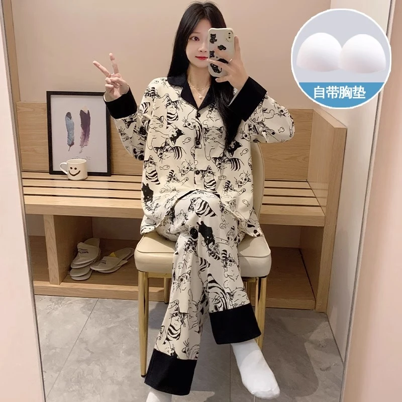 睡衣女春秋季带胸垫长袖长裤防凸点可外穿女士卡通可爱家居服套装