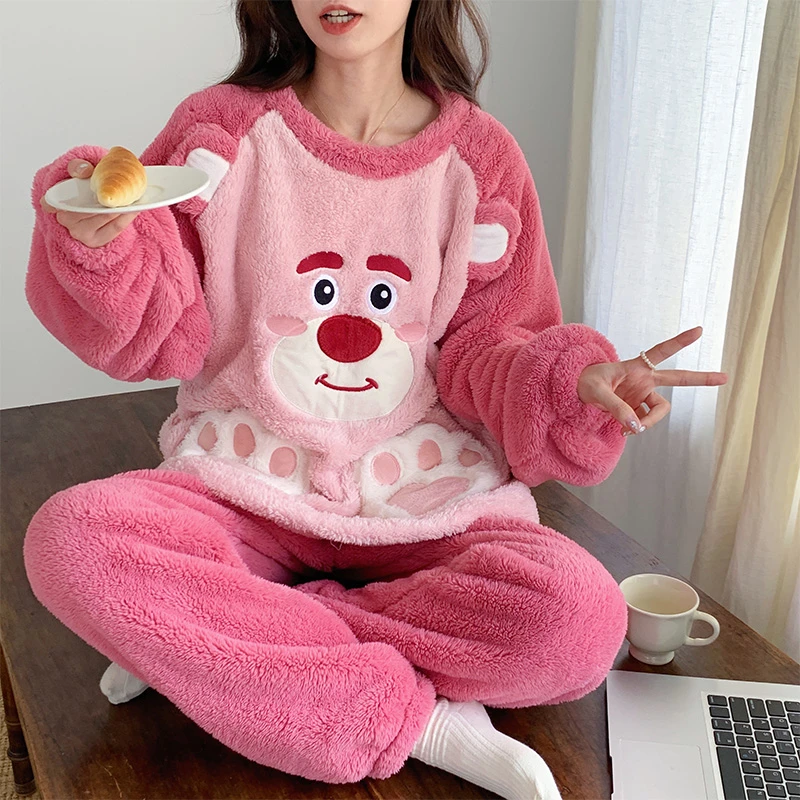 珊瑚绒睡衣女秋冬长袖保暖法兰绒加绒加厚卡通女士冬季家居服套装