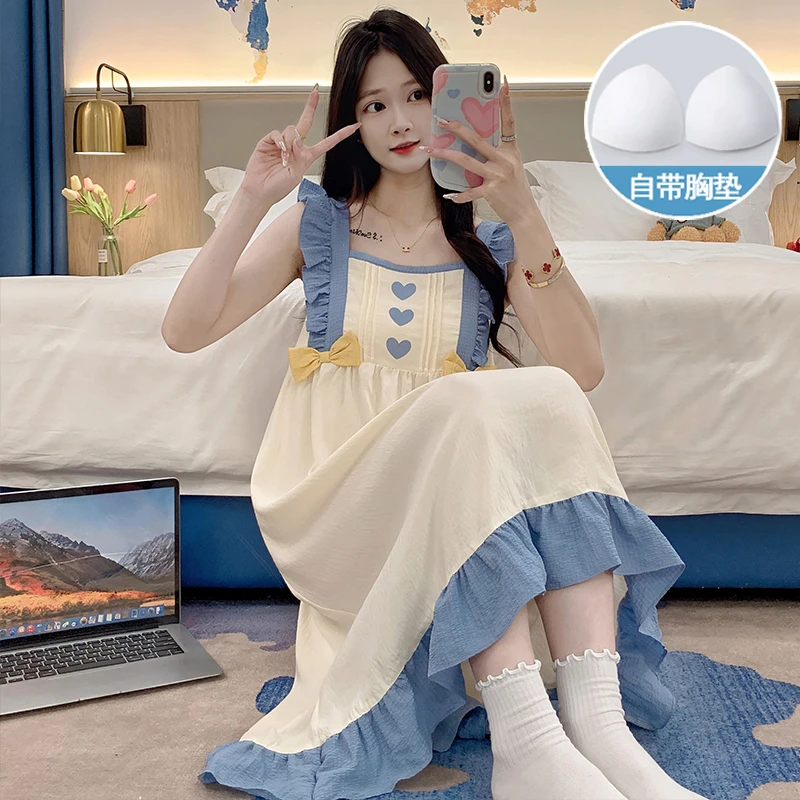 睡衣女夏季吊带宽松中长款睡裙薄款可外穿甜美带胸垫防凸点家居服