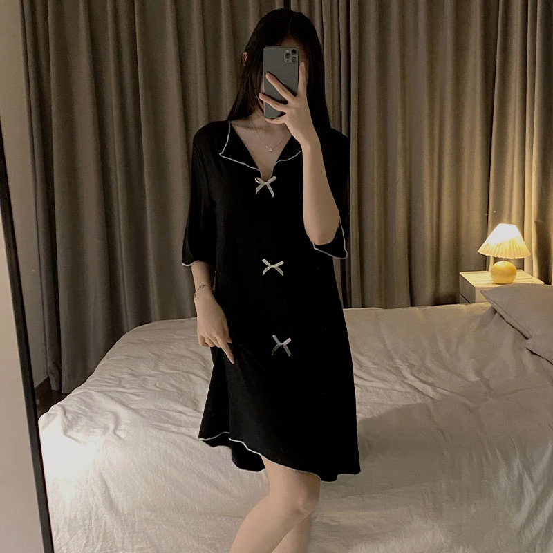 睡裙夏季女款宽松性感短袖黑色中长款春夏天睡衣薄款莫代尔家居服