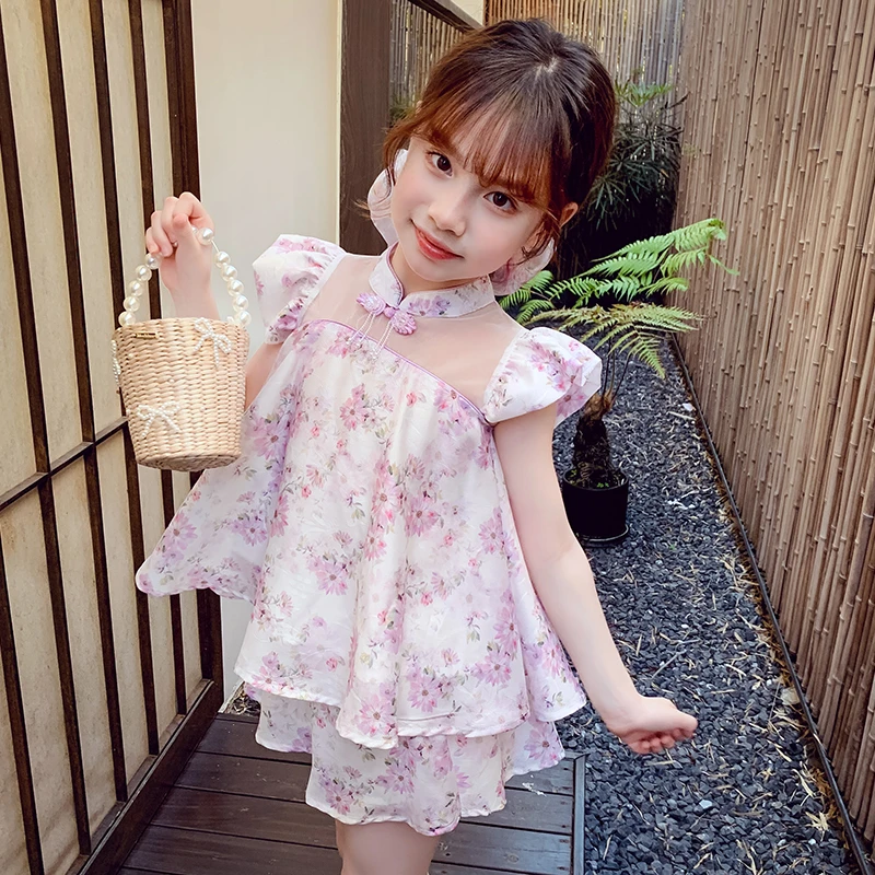 【现货】米米哈罗女童夏装新中式紫色碎花国风短裤套装 X24378