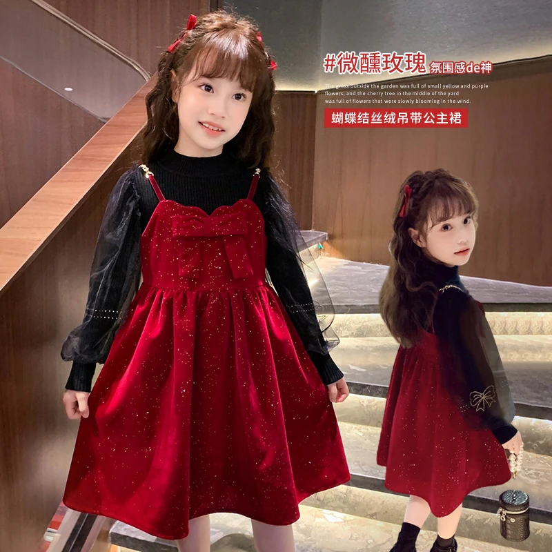 【现货】米米哈罗女童背心裙吊带连衣裙蝴蝶结红色公主裙 Q23613