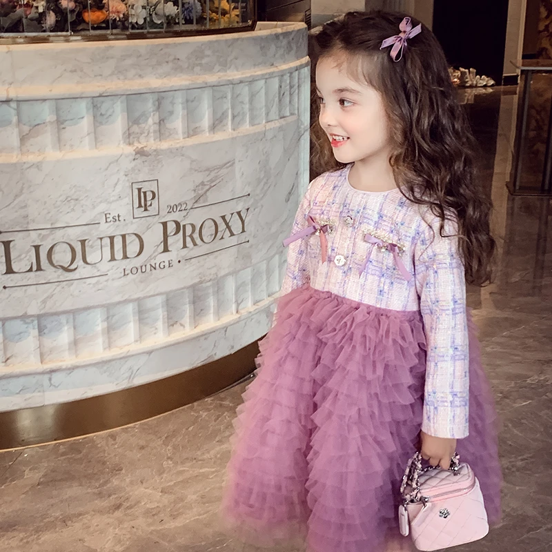 【现货】米米哈罗女童洋气网纱小香风女孩连衣裙儿童礼服裙Q24867