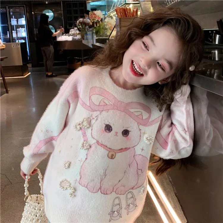 【现货】米米哈罗女童冬款卡通钉珠针织毛衣 D240248