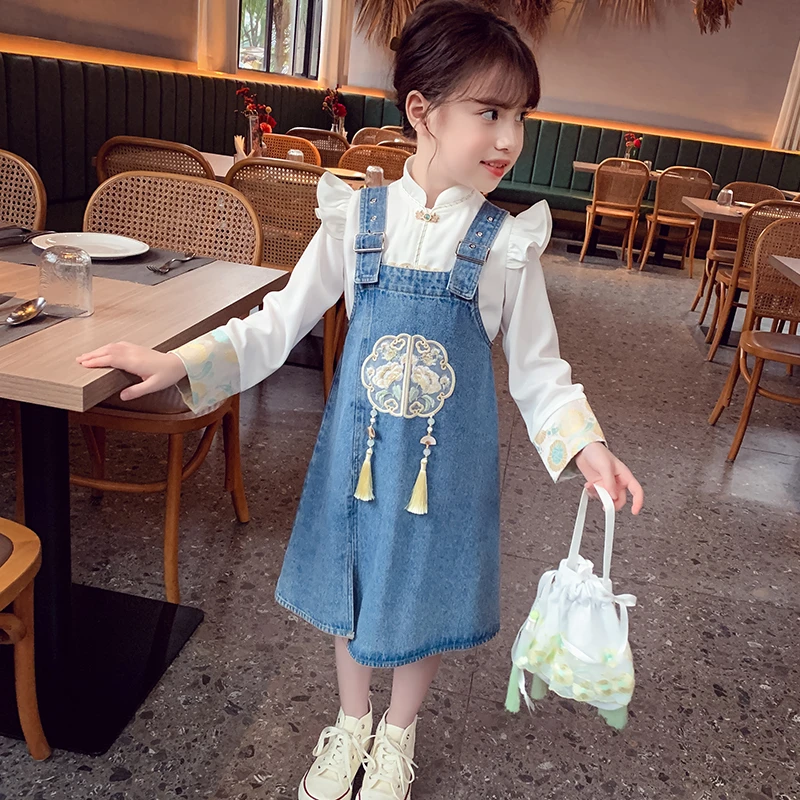 【现货】春秋女童新中式汉服儿童国风时尚女孩牛仔背带裙 MC24092