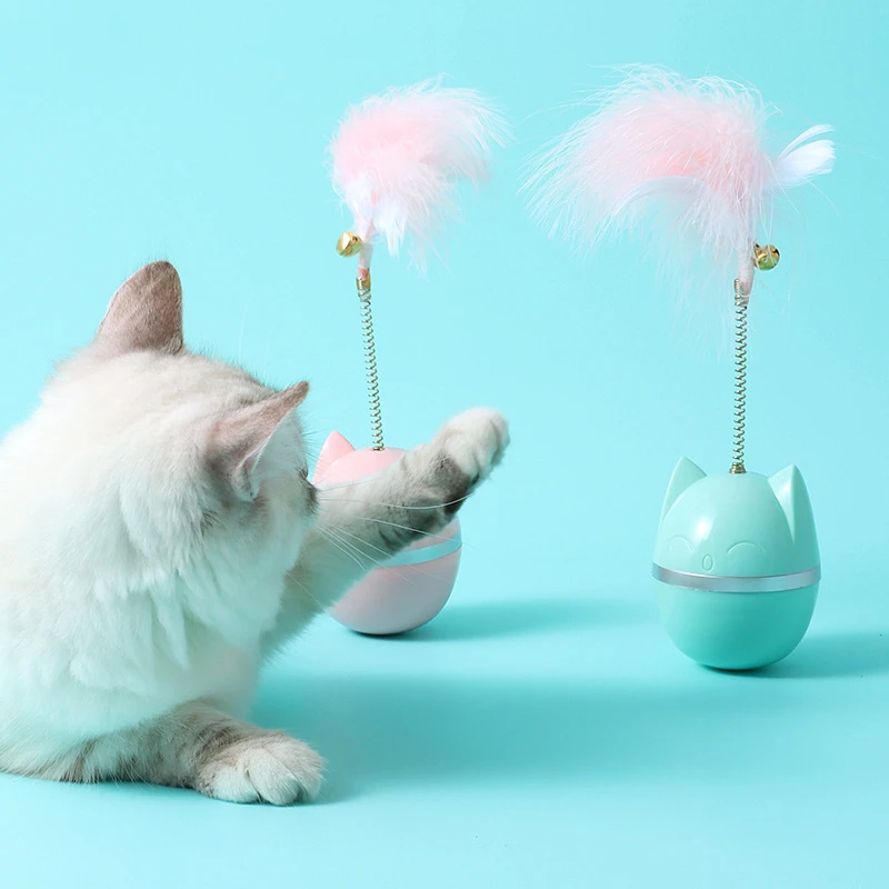 新疆包邮猫咪玩具羽毛猫头鹰不倒翁发声铃铛猫咪自嗨球宠物玩具