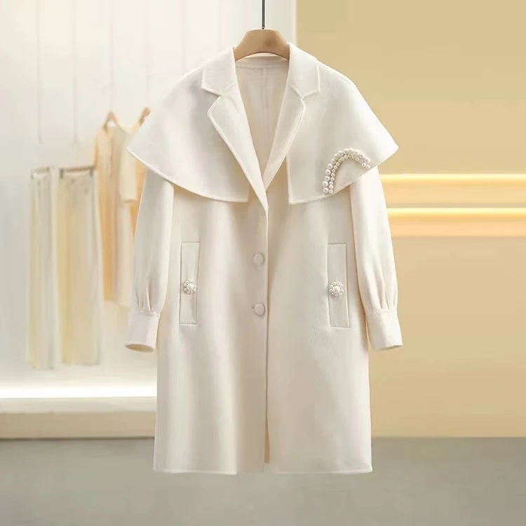 专柜正品2024冬款新款100羊毛手工钉珠双面呢大衣外套