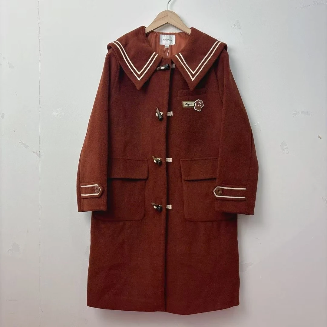 毛呢外套学生呢子大衣韩版宽松少女中长款海军学院牛角加厚