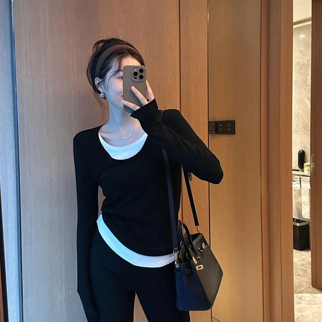 拼色假两件针织圆领上衣女秋冬新款打底衫