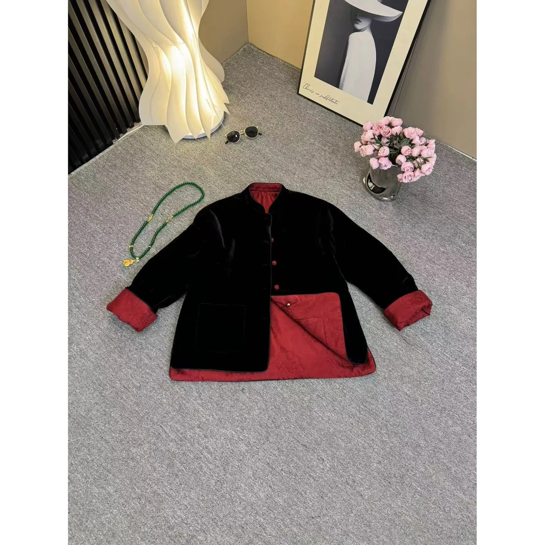 【YIFEI】新中式黑色丝绒双面穿人丝休闲百搭加厚冬季棉服