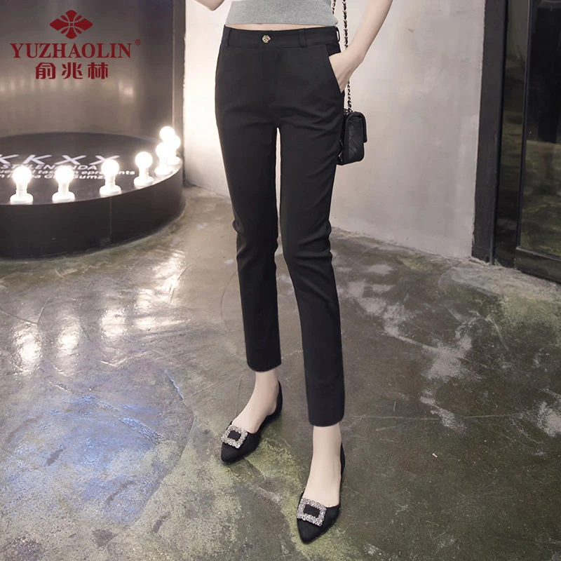 九分西装裤女黑色韩版百搭开叉西裤弹力显瘦春秋季新款小脚铅笔裤