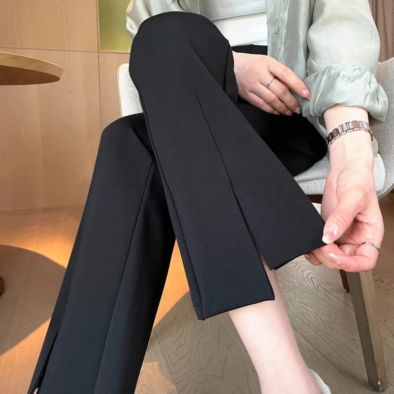 秋季新款微胖开叉微喇九分裤女夏季冰丝高腰显瘦弹力八分休闲裤子