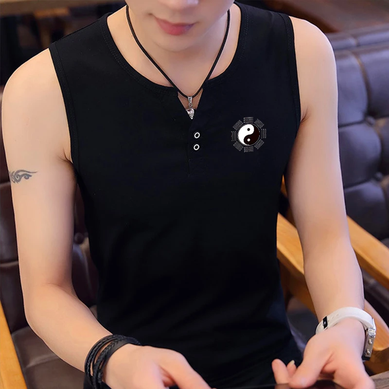 V领钮扣棉男士开胸背心夏季青年宽肩男紧身无袖T恤运动打底衫透气