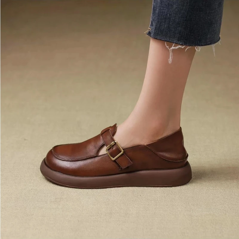 听纯8112真皮手工百搭软底厚底舒适玛丽珍一脚蹬豆豆鞋平底皮鞋女