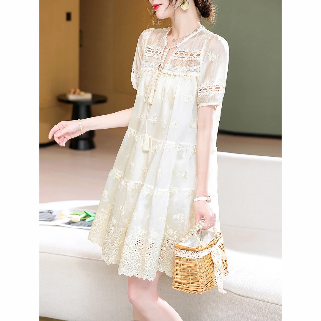 8973法式温柔风短袖气质连衣裙女2023夏季新款小个子宽松显瘦裙子