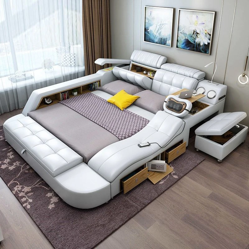 狄䇤榻榻米皮床主卧现代简约真皮床双人床多功能大床按摩储物婚床