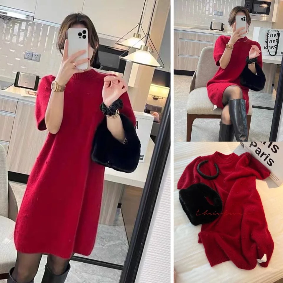 气质灯笼短袖毛衣裙早春季感复古红色小香风中长款连衣裙