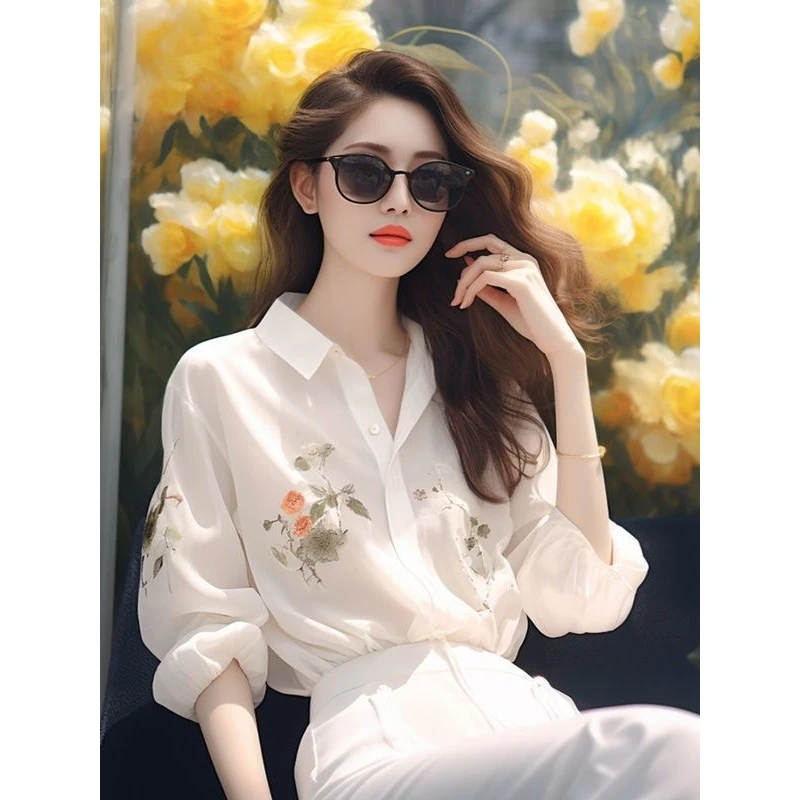 白色印花法式衬衫别致漂亮防晒衫2024新款女宽松气质长袖上衣