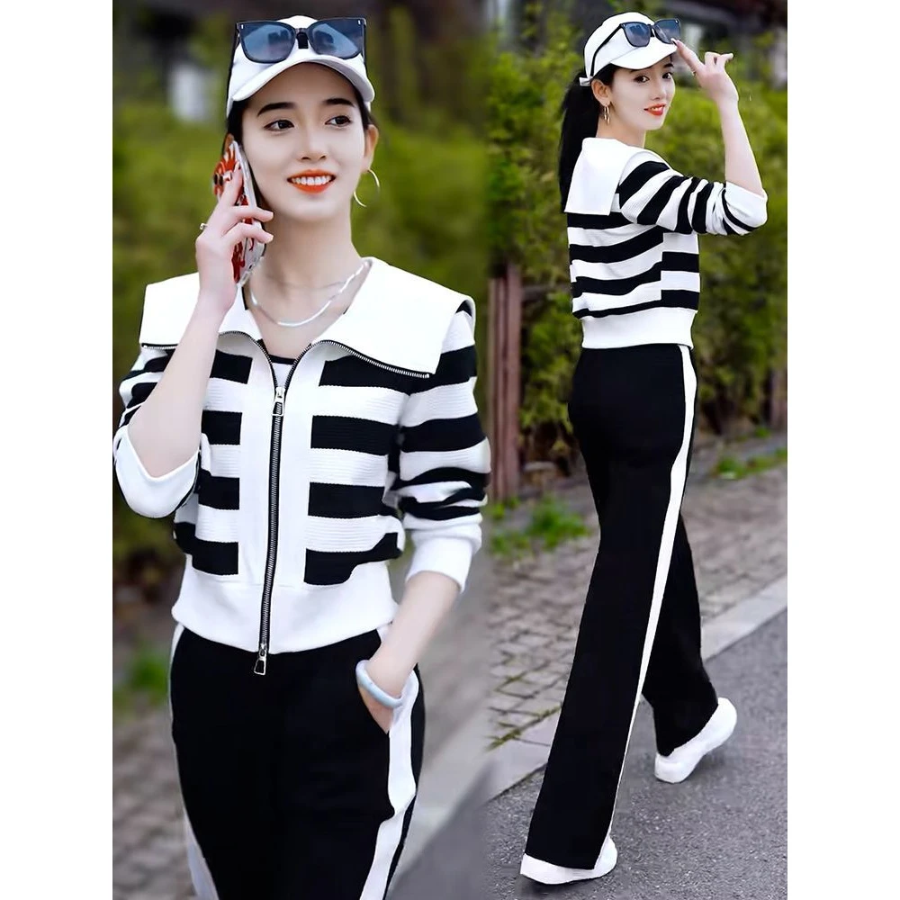 时尚休闲运动服套装女2024年春秋新款条纹开衫短款外套显瘦两件套