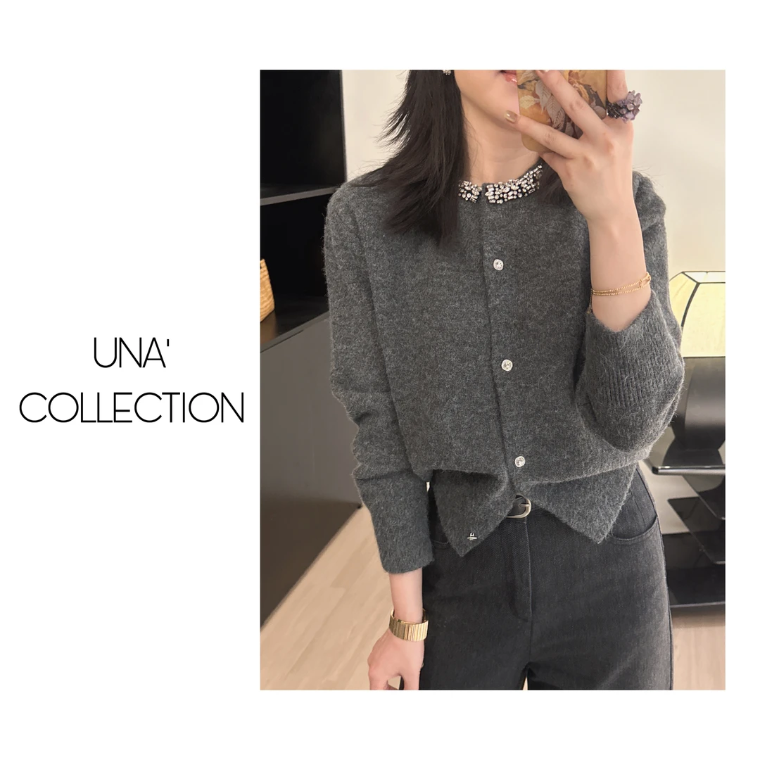 【吉满】高品手工刺绣串珠质感加厚毛衣针织开衫JM2358