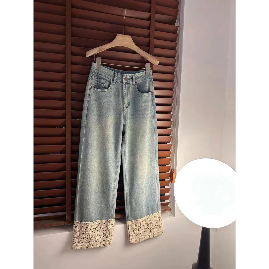 【吉满】欧版蕾丝拼接直筒高腰九分牛仔裤JM2144