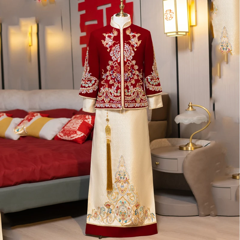 秀禾服男生2025新款中式新郎结婚礼服唐装汉服龙凤褂男士丝绒秀和