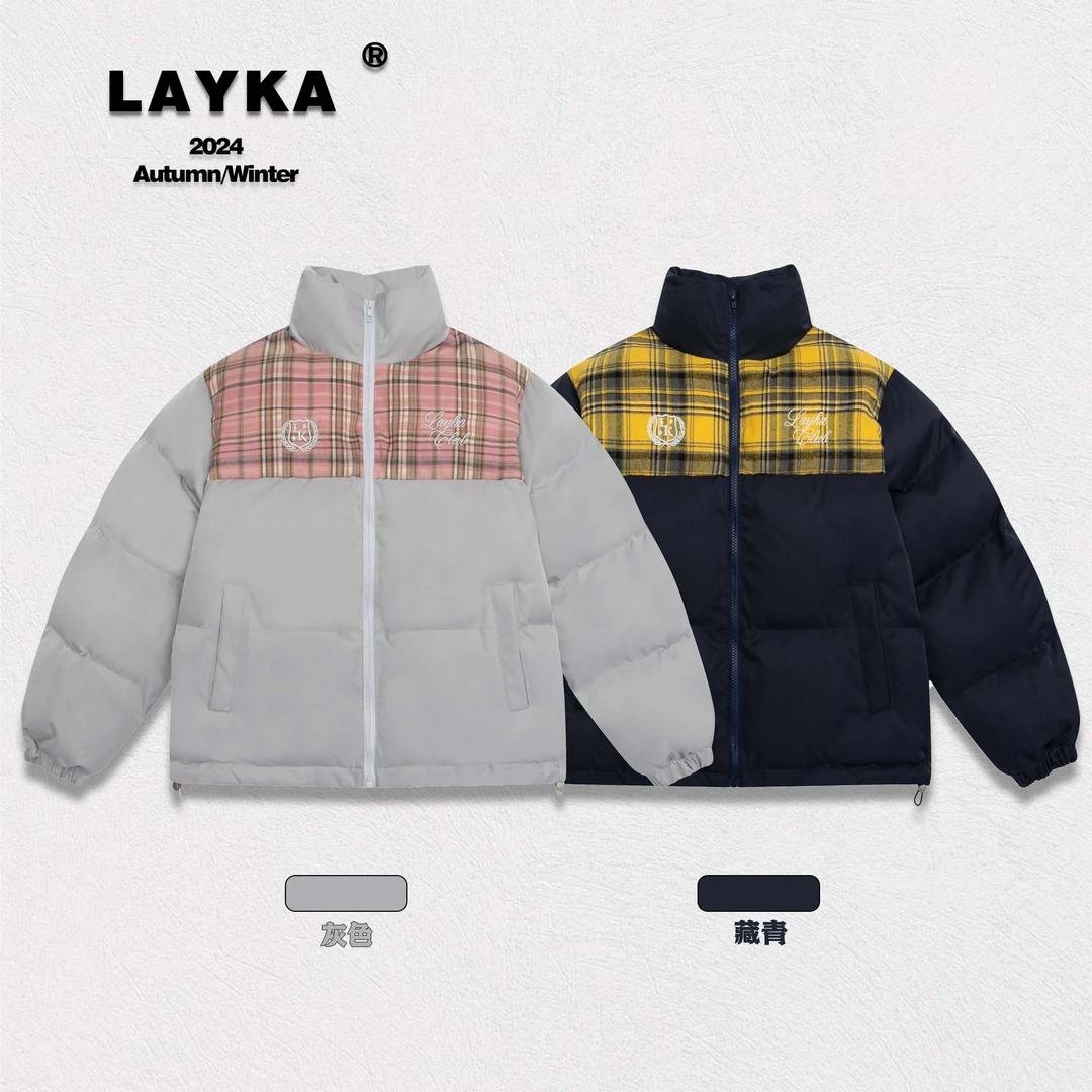 Layka美式复古格子拼接棉服女冬季新款立领保暖百搭面包服棉衣潮