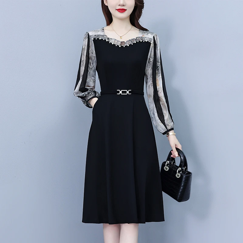 秋季新款黑色拼接假两件连衣裙中妈妈气质显瘦减龄遮肚子长裙子