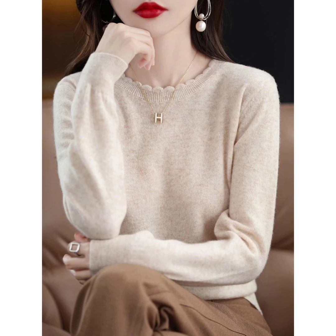 软糯休闲花边圆领打底衫女新款洋气2024秋冬毛衣长袖针织衫宽松