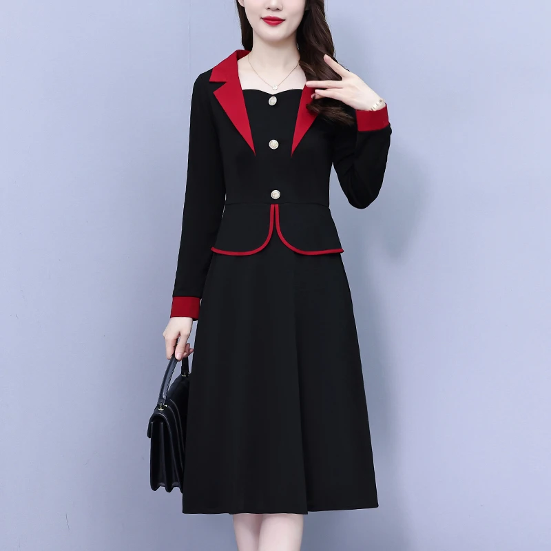大码女装2024秋季胖西装领纯色拼接气质遮肚显瘦长袖连衣裙