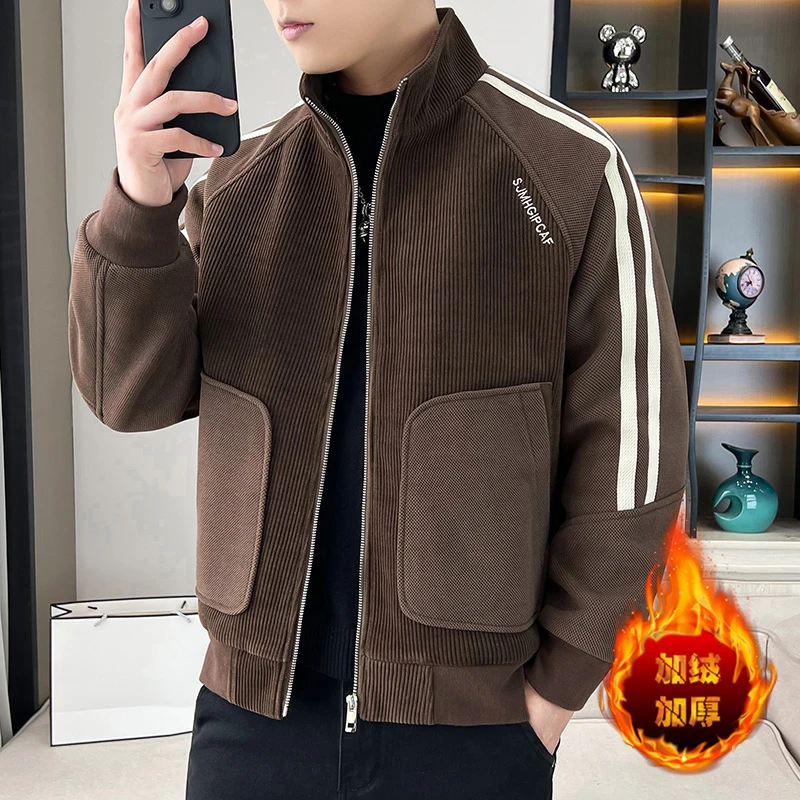 男士冬季新款短款立领夹克潮流宽松加绒百搭保暖毛呢外套帅气男装
