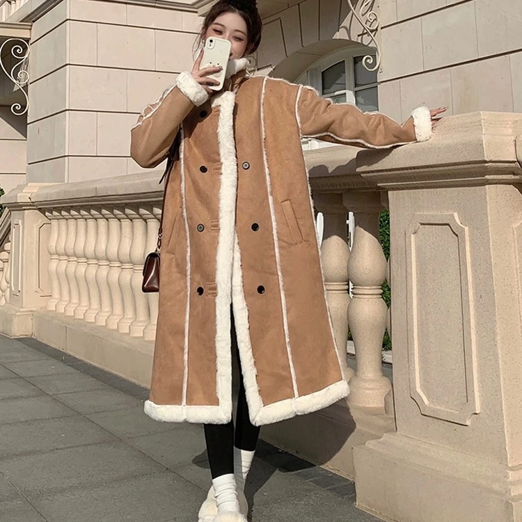 【小呆鸟】秋冬季时尚机车款翻绒百搭中长款皮毛一体外套-23288