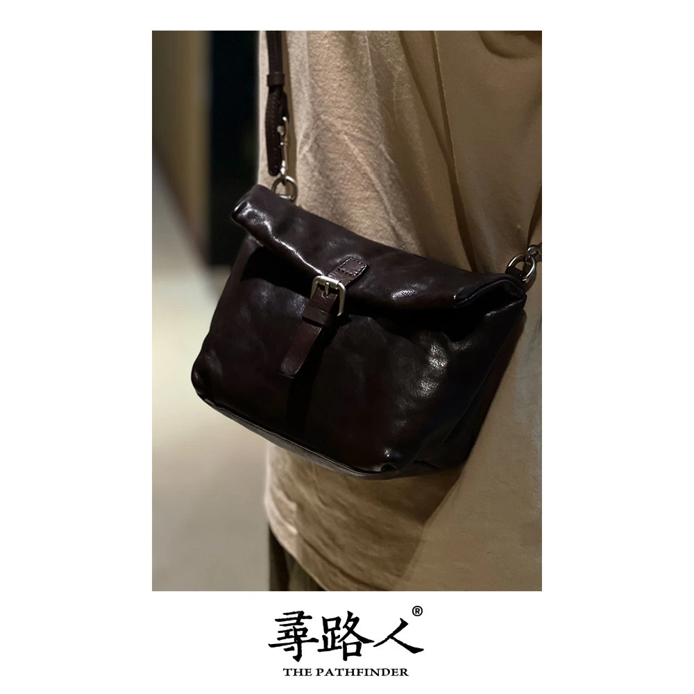 寻路人个性休闲中性真皮复古水洗做旧百搭简约风单肩斜挎插扣包