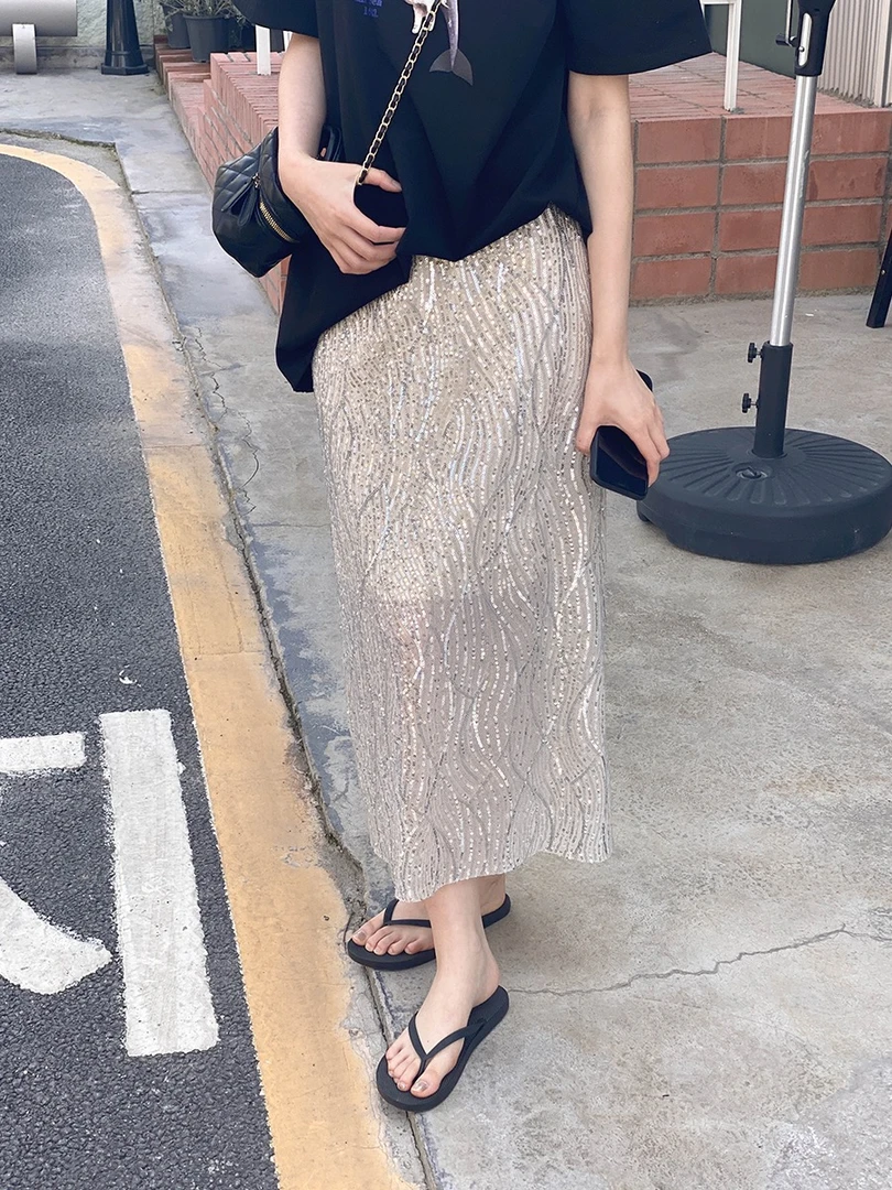 暗夜美人鱼碎花～亮片半身裙女细闪新款高腰中长裙设计感重工