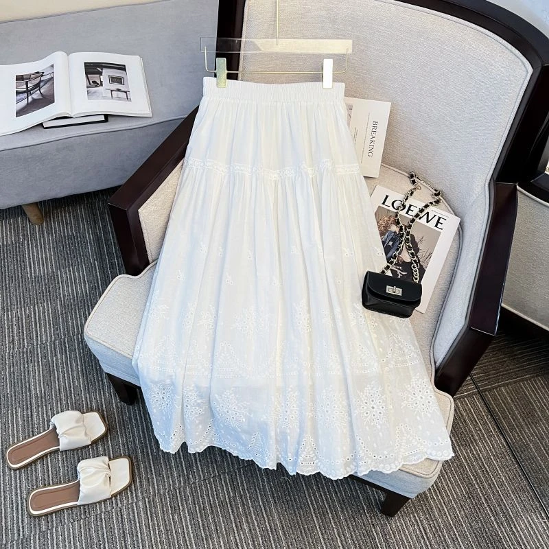 重工蕾丝勾花a字半身裙女夏季松紧高腰拼接大摆a字中长款仙女长裙