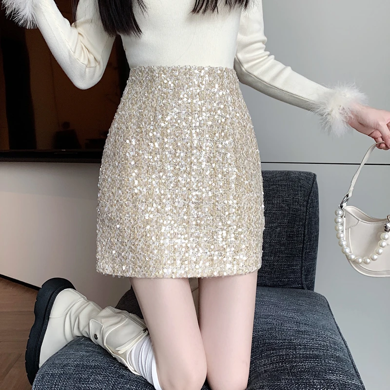 2024秋冬女小香风短裙亮闪闪半裙毛呢亮片裙粗花呢子一步包臀裙
