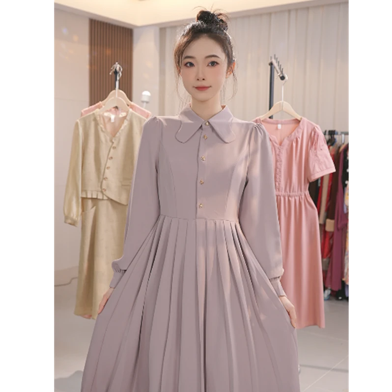 Y1353秋季新品连衣裙女气质不规则翻领高腰中长款A字裙