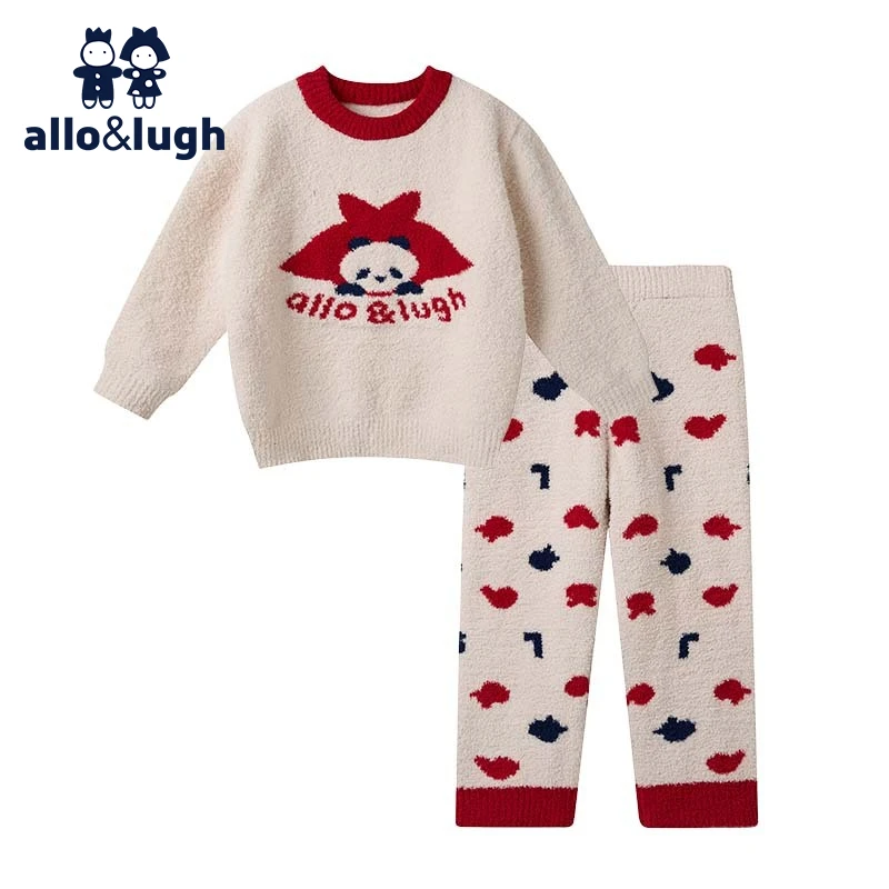 阿路和如儿童睡衣2024新款秋冬女童甜美印花半边绒圆领家居服套装