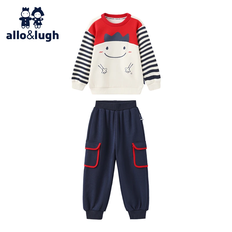 【加绒】阿路和如男童条纹圆领卫衣卫裤秋冬新款儿童装休闲裤子