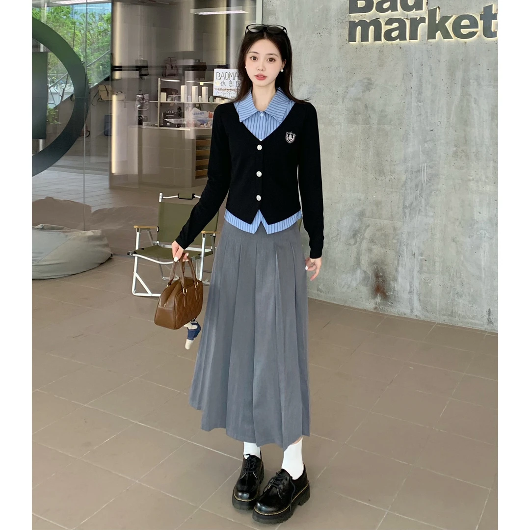 【贝蒂】秋冬大码女装胖MM学院风假两件百搭显瘦上衣