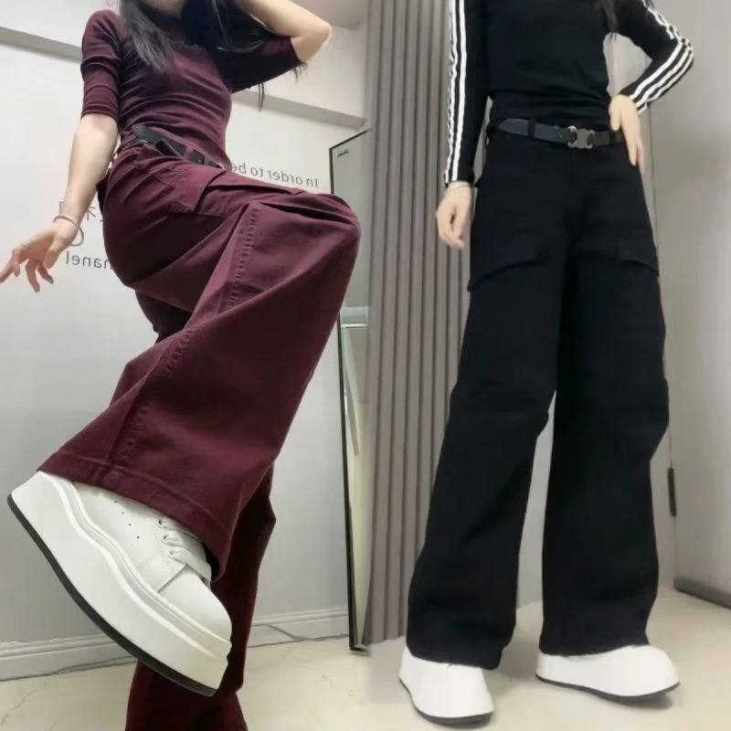 秋季新款斜纹牛仔长裤女高腰显瘦工装弯刀裤高个子直筒宽腿拖地裤