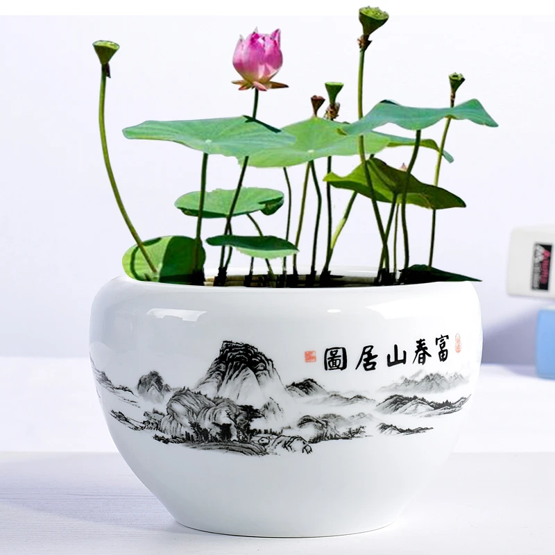 中国风陶瓷大号碗莲专用花盆一叶莲睡莲盆缸铜钱草水培器皿桌面盘