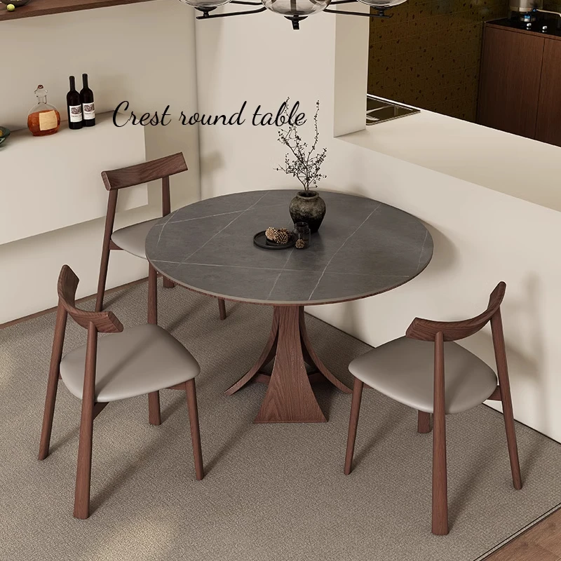 中古风北欧实木岩板餐桌现代简约家用小户型侘寂风圆形饭桌洽谈桌