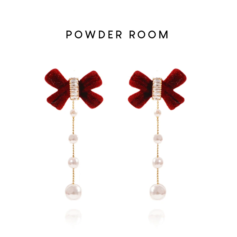铜合金布艺耳饰 【翩若惊鸿】轻奢圣诞丝绒红色新年蝴蝶结小众耳钉