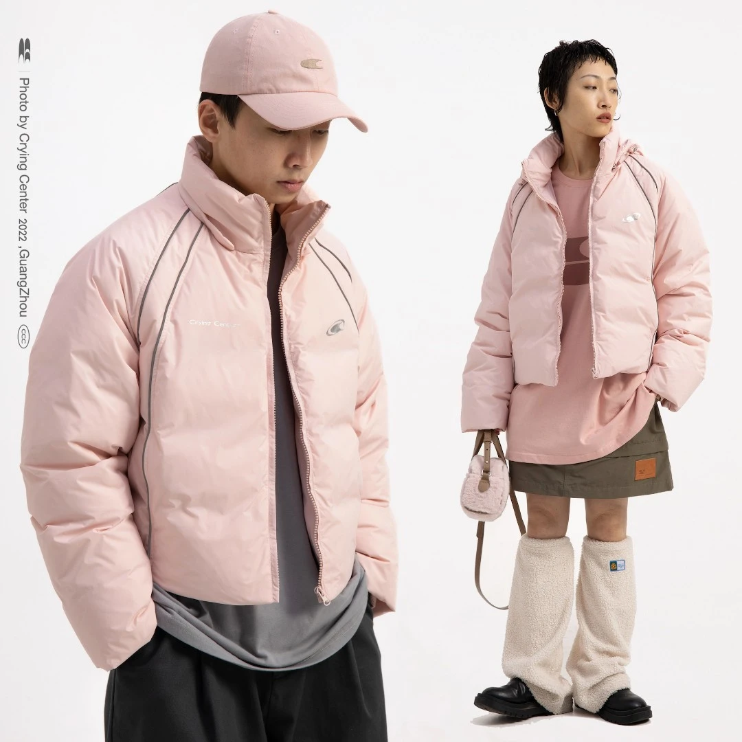 Crying center/哭喊中心冰蓝灰 白鸭绒可拆卸帽短款羽绒服外套